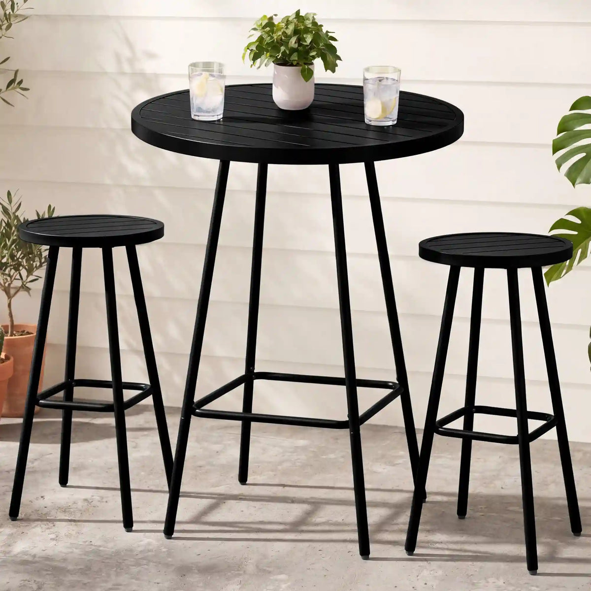 3-Piece Patio Bar Height Bistro Set w/ Backless Stools, Slatted Design