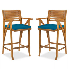 Set of 2 Outdoor Acacia Wood Bar Stools Chairs w/ Weather-Resistant Cushions